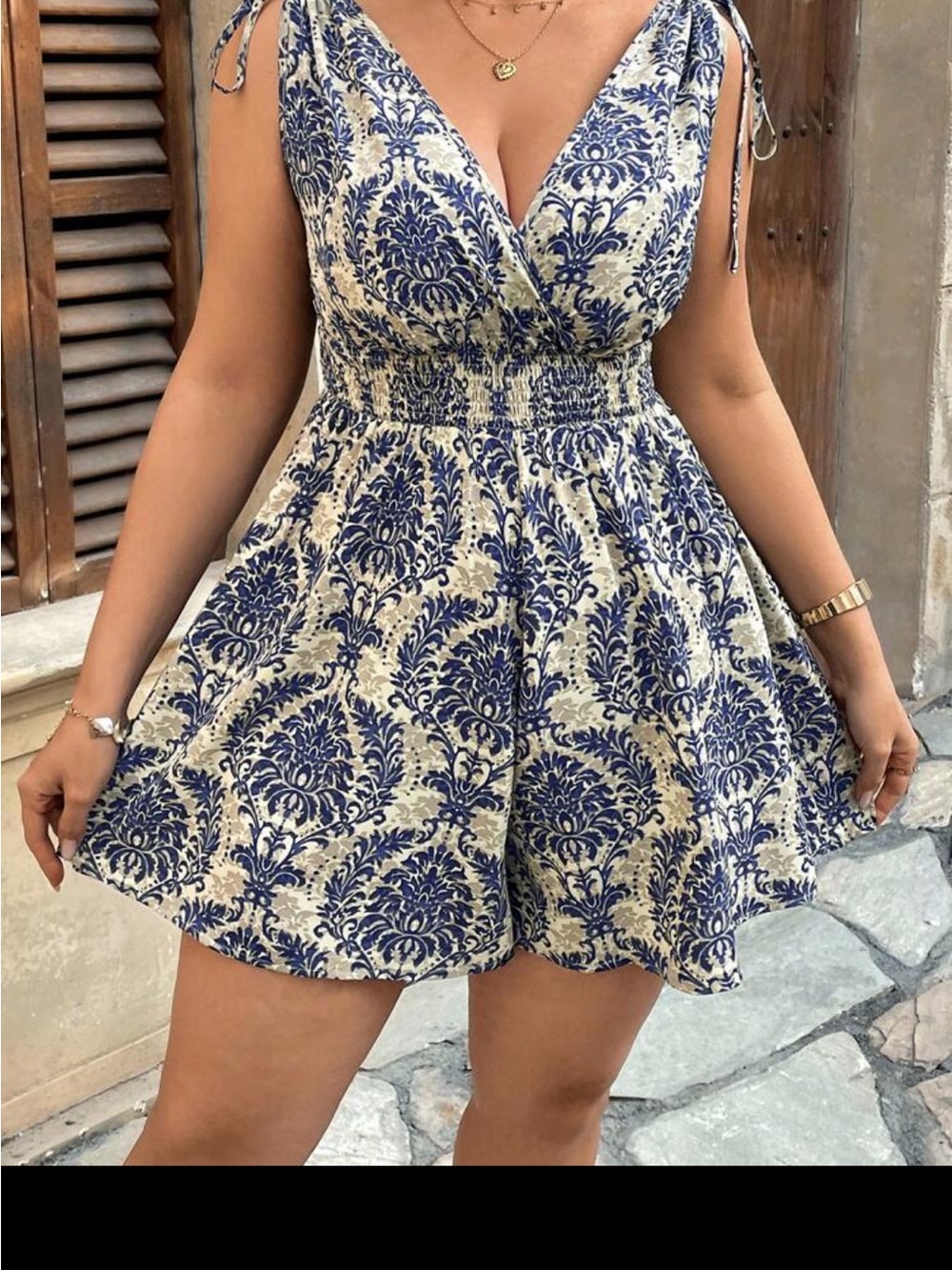 SHEIN Cream and Blue Floral Print Tie-Shoulder Romper Shorts